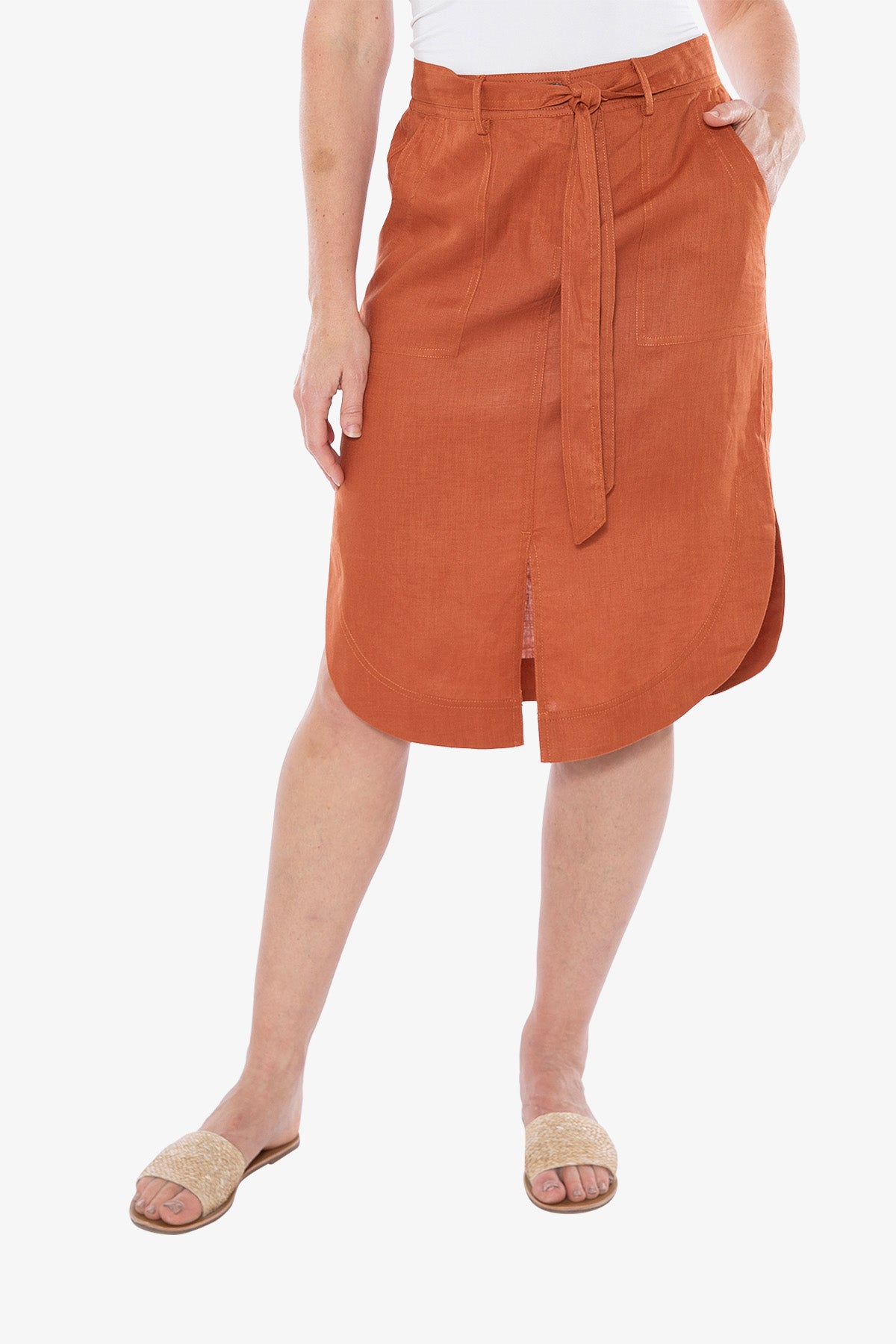 Curved Hem Linen Skirt Terracotta