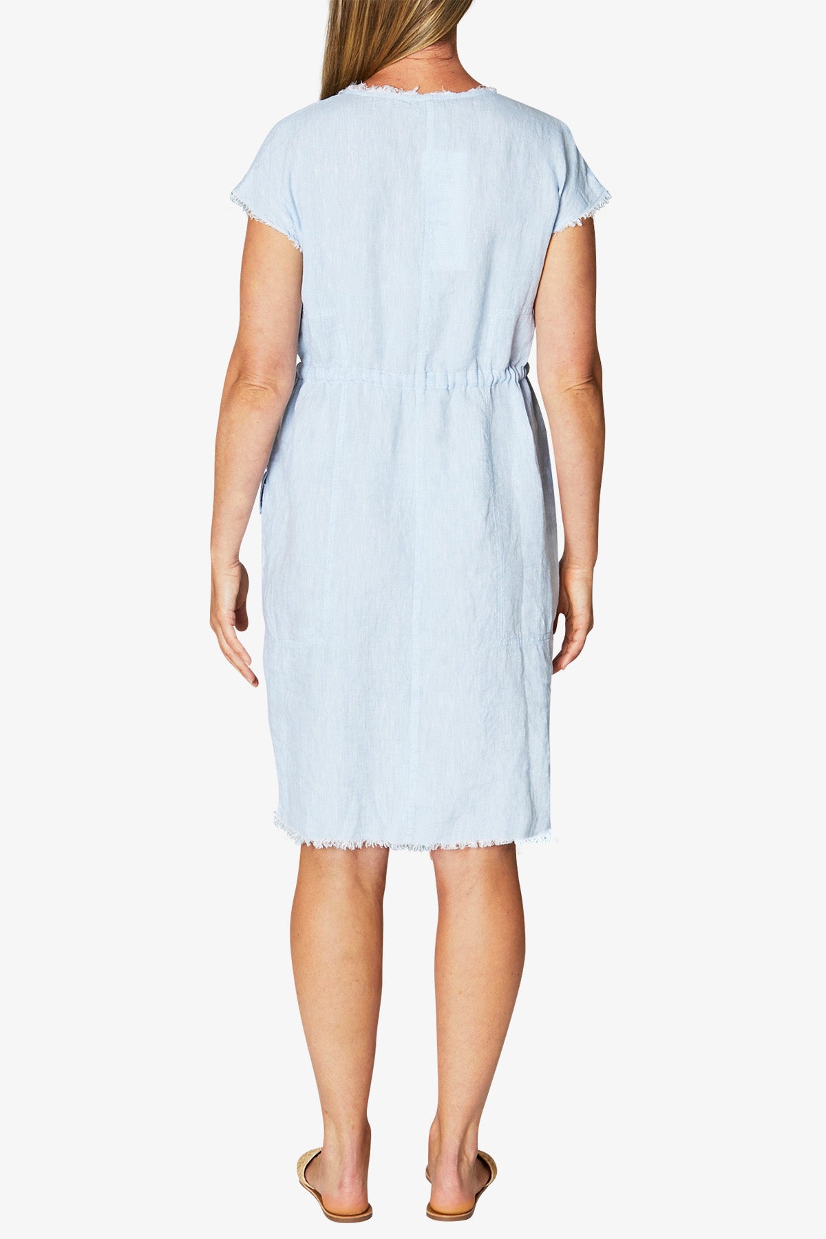 Women s Drawstring Linen Dress in White and Blue