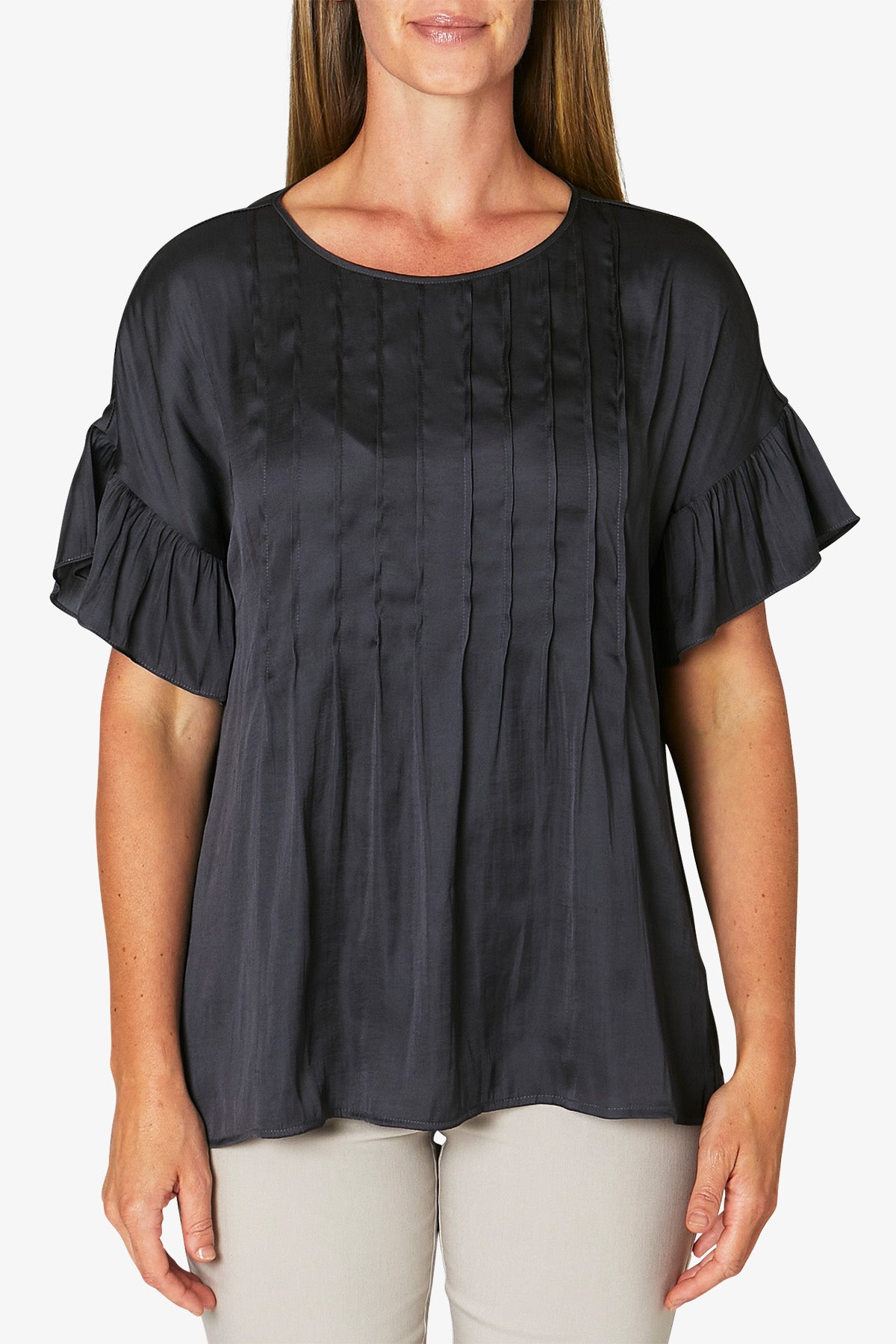 Women's Drop Shoulder Ruffle Top in Grey