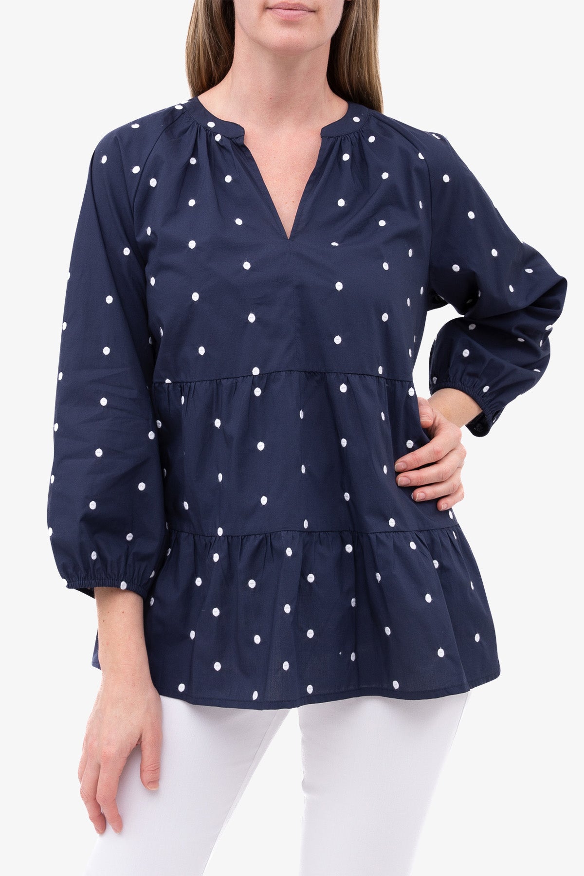 Embroided Spot Tiered Top Navy and White