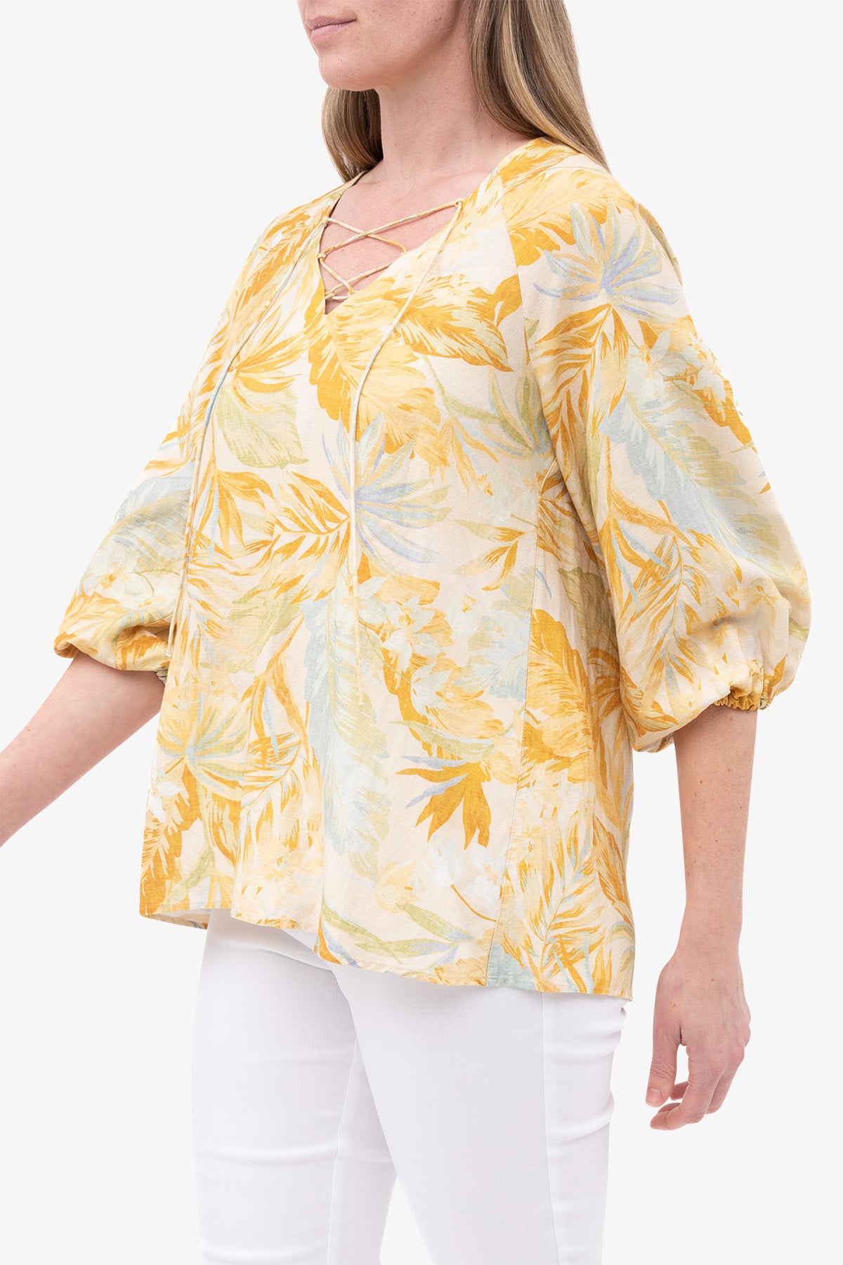 Ethereal Print Lace Up Blouse Yellow