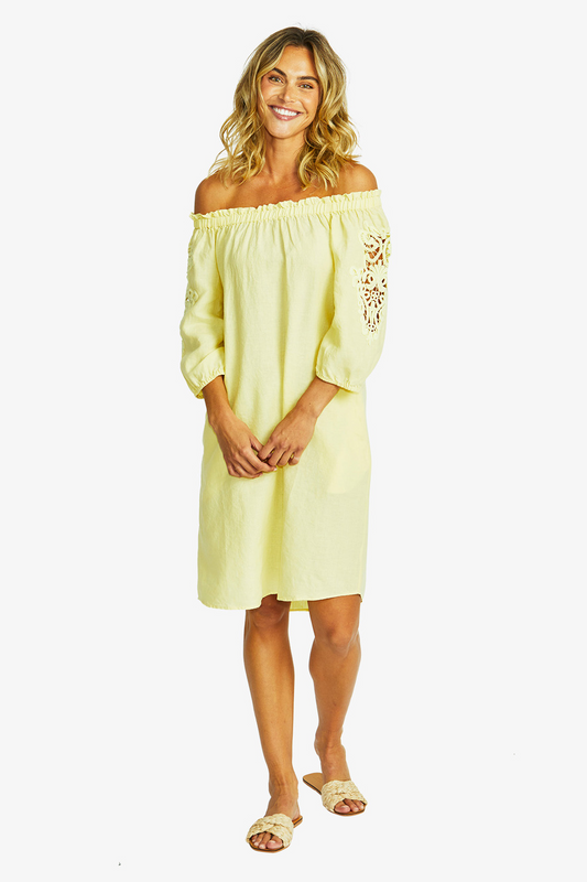 Women's Linen Lace Trim Dress in Buttercup Yellow | Jojo