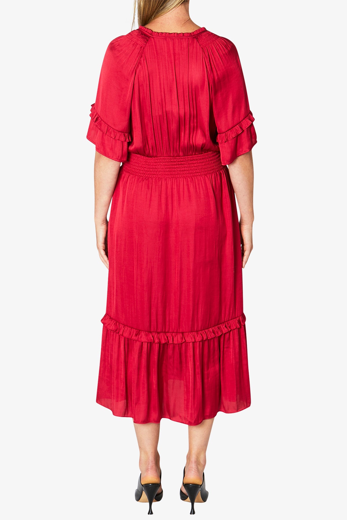 Women's Ruffle Detail Midi Dress in Red