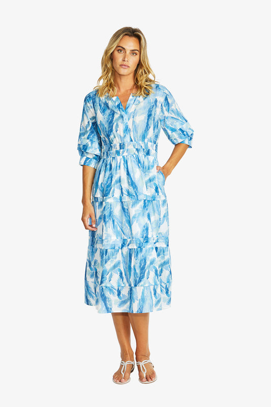 Women's Shirred Dress in Porcelain Blue Print | Chloe