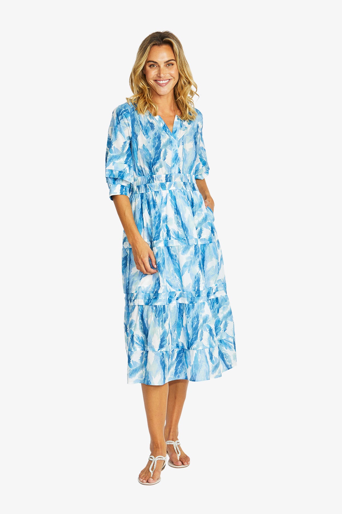 Women's Shirred Dress in Porcelain Blue Print | Chloe