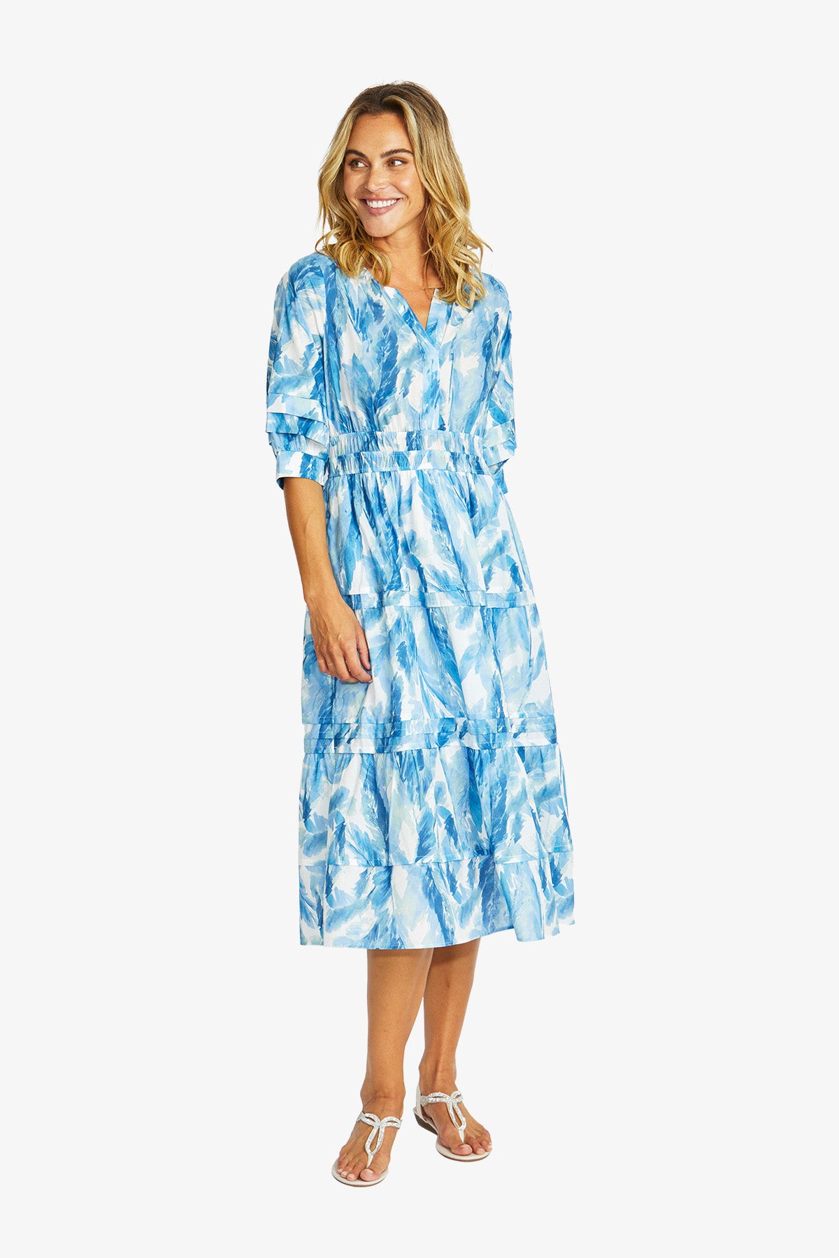 Women's Shirred Dress in Porcelain Blue Print | Chloe