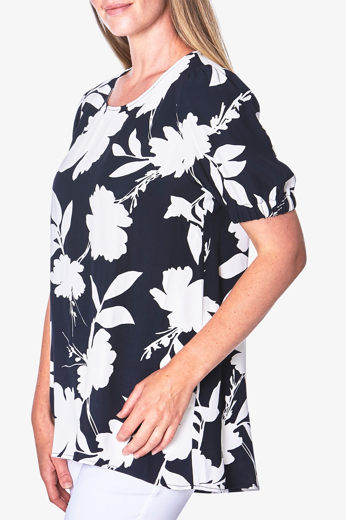 Short Sleeve Painted Floral Top Navy