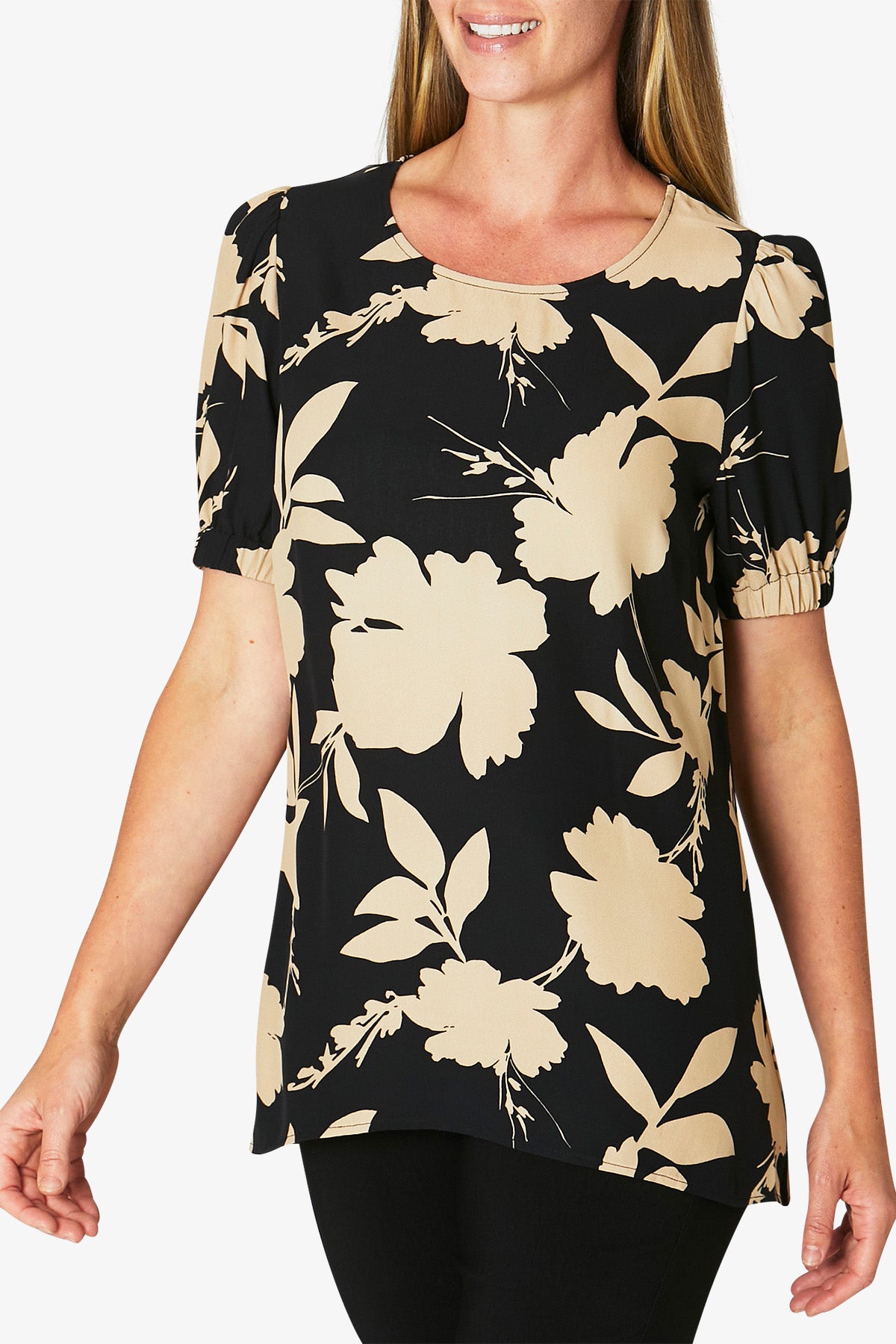 Short Sleeve Painted Floral Top Black Hessian