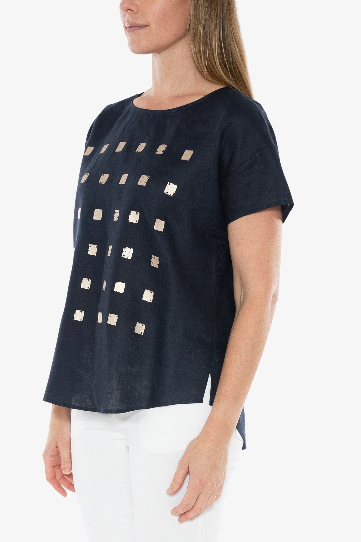 Squares Print Linen Top Navy and Gold