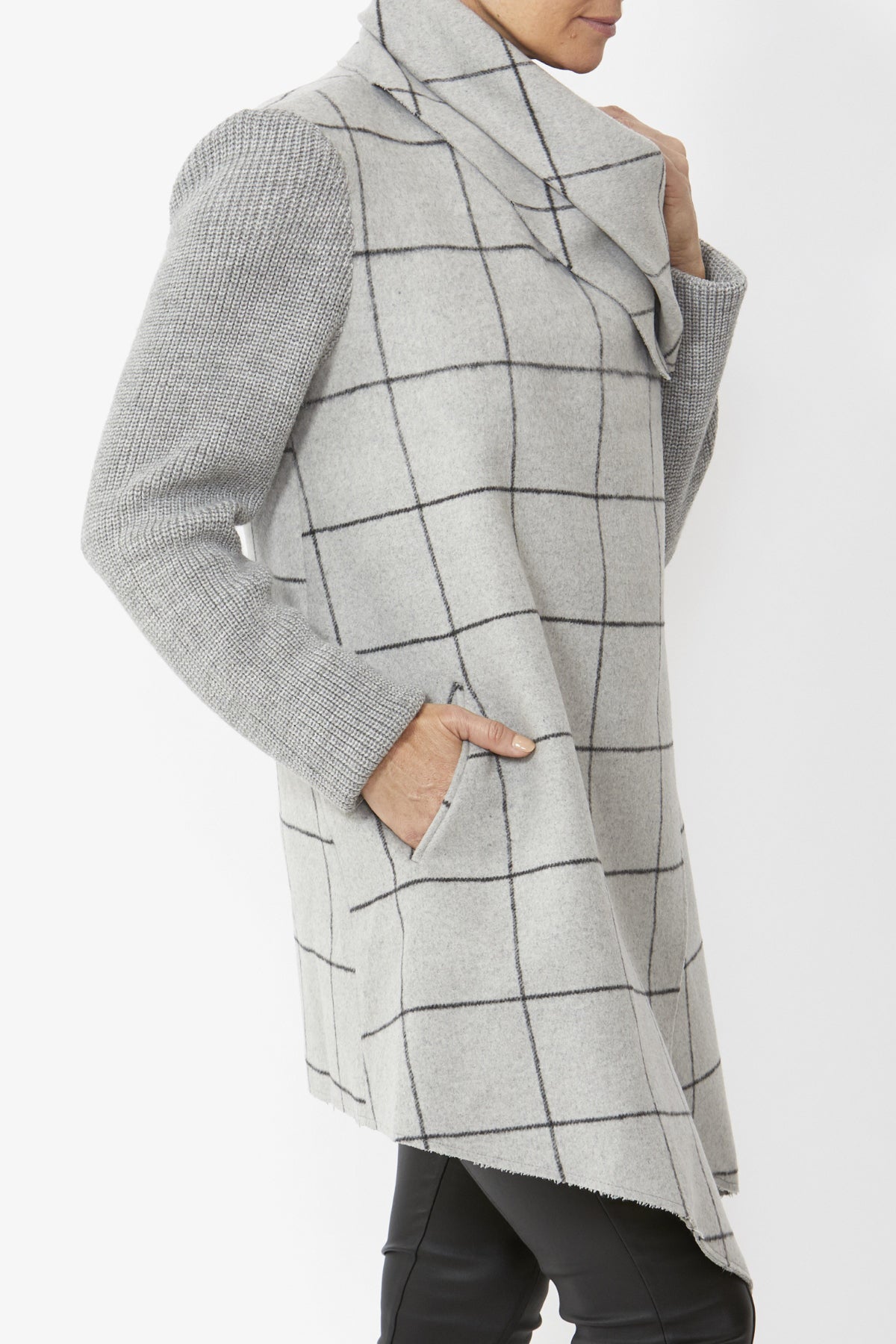 Women's Asymmetric Check Coat in Grey