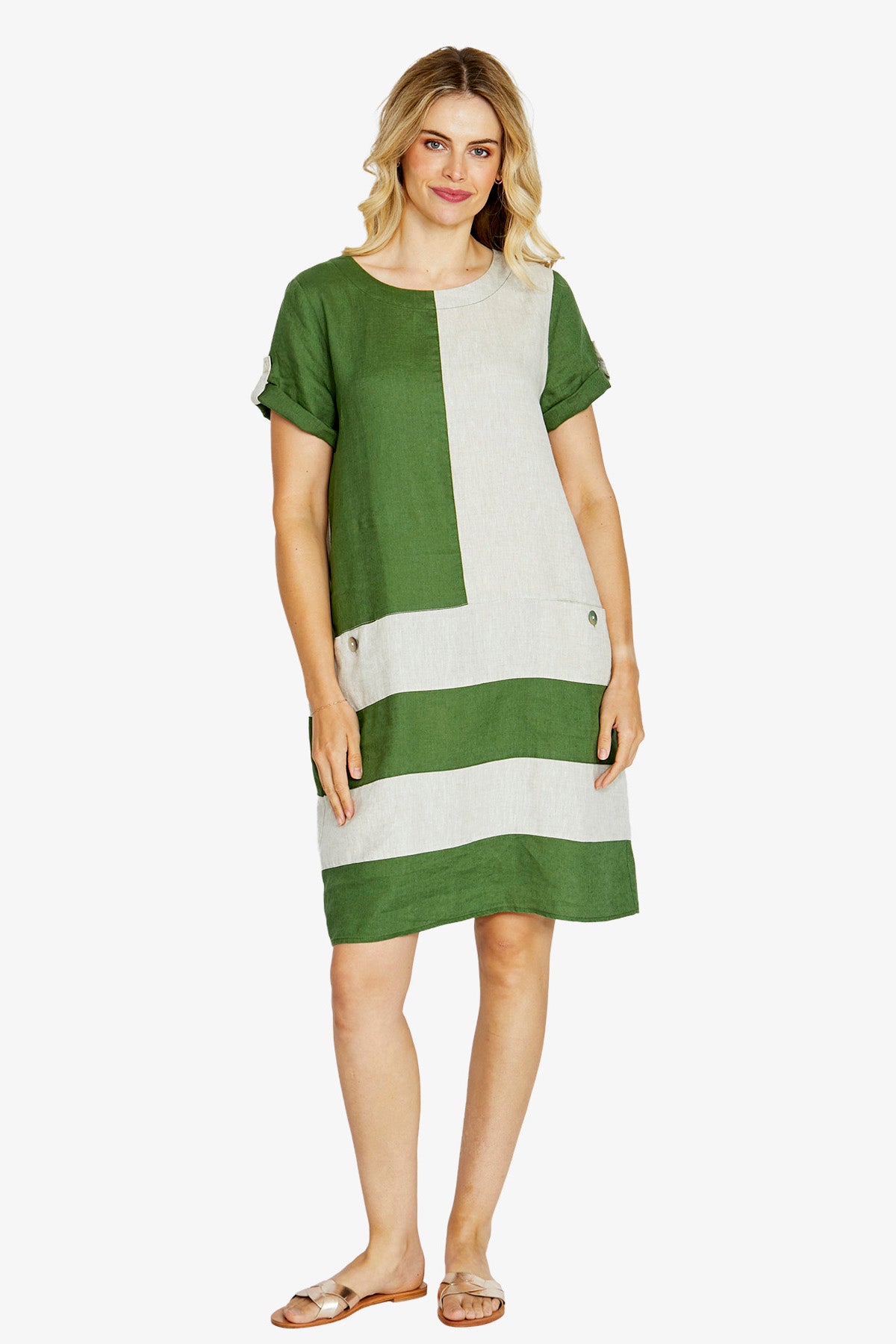 Womens Carriecolblocklinendress Green P615538