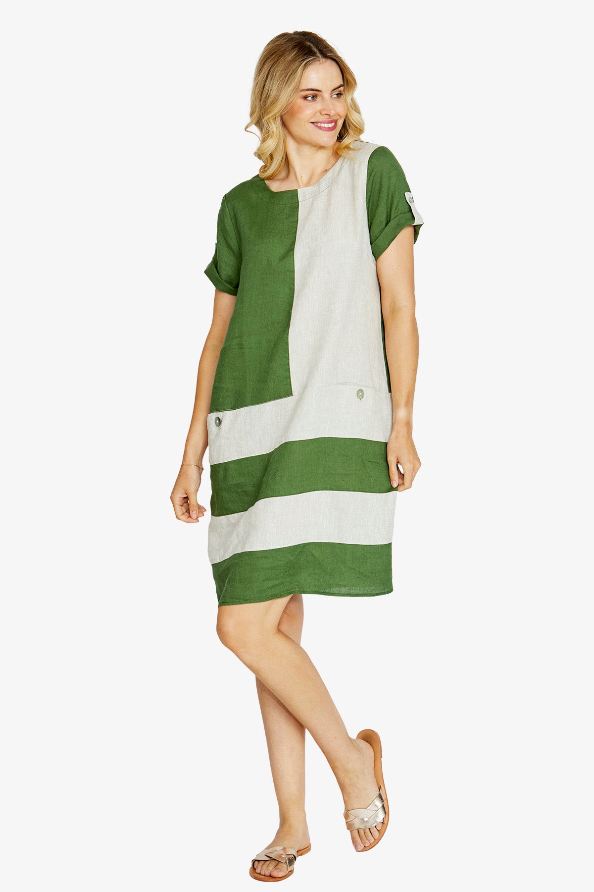 Womens Carriecolblocklinendress Green P615538