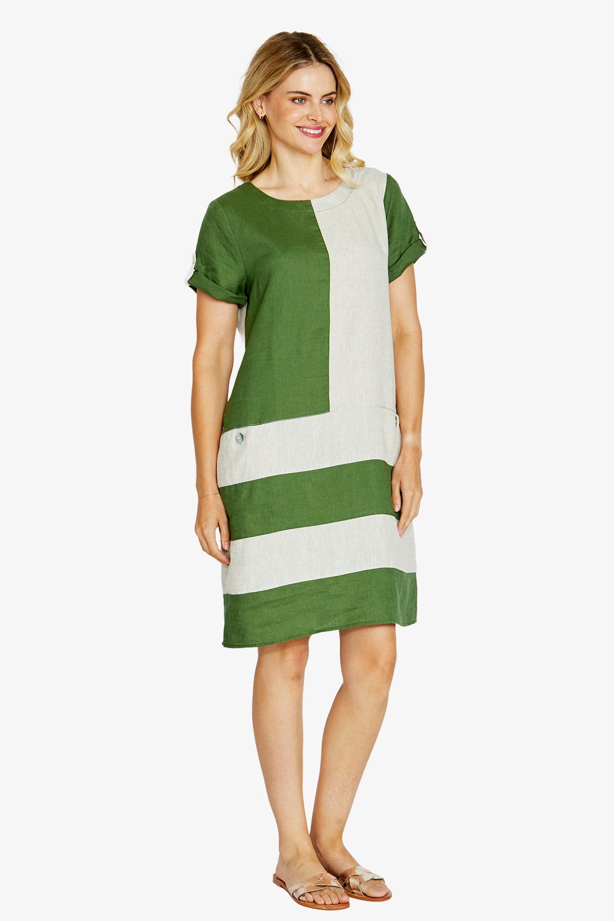 Womens Carriecolblocklinendress Green P615538