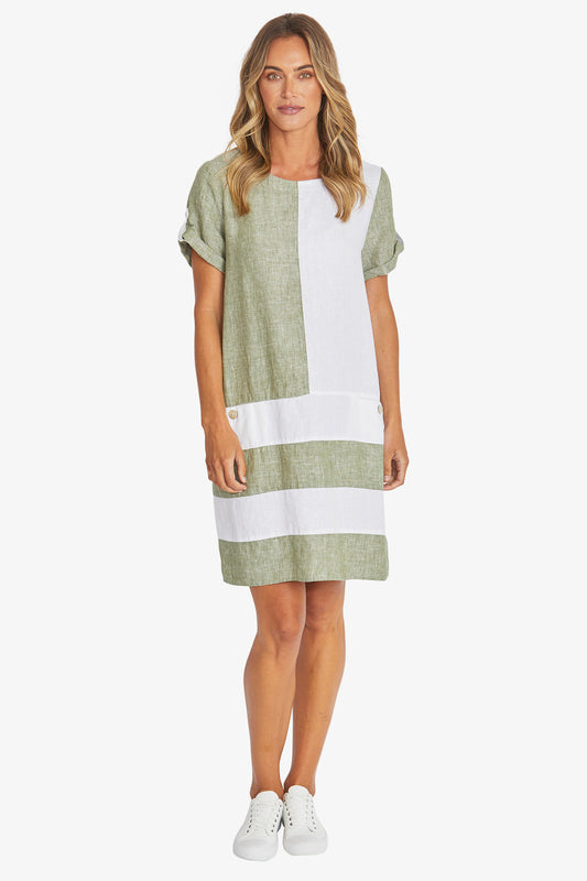 Womens Colour Block Linen Dress Green P595542