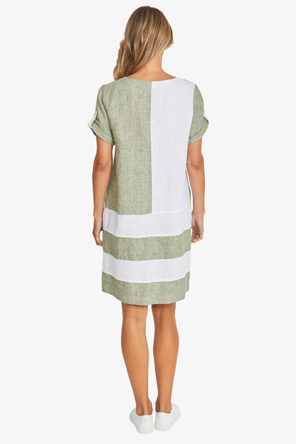 Womens Colour Block Linen Dress Green P595542