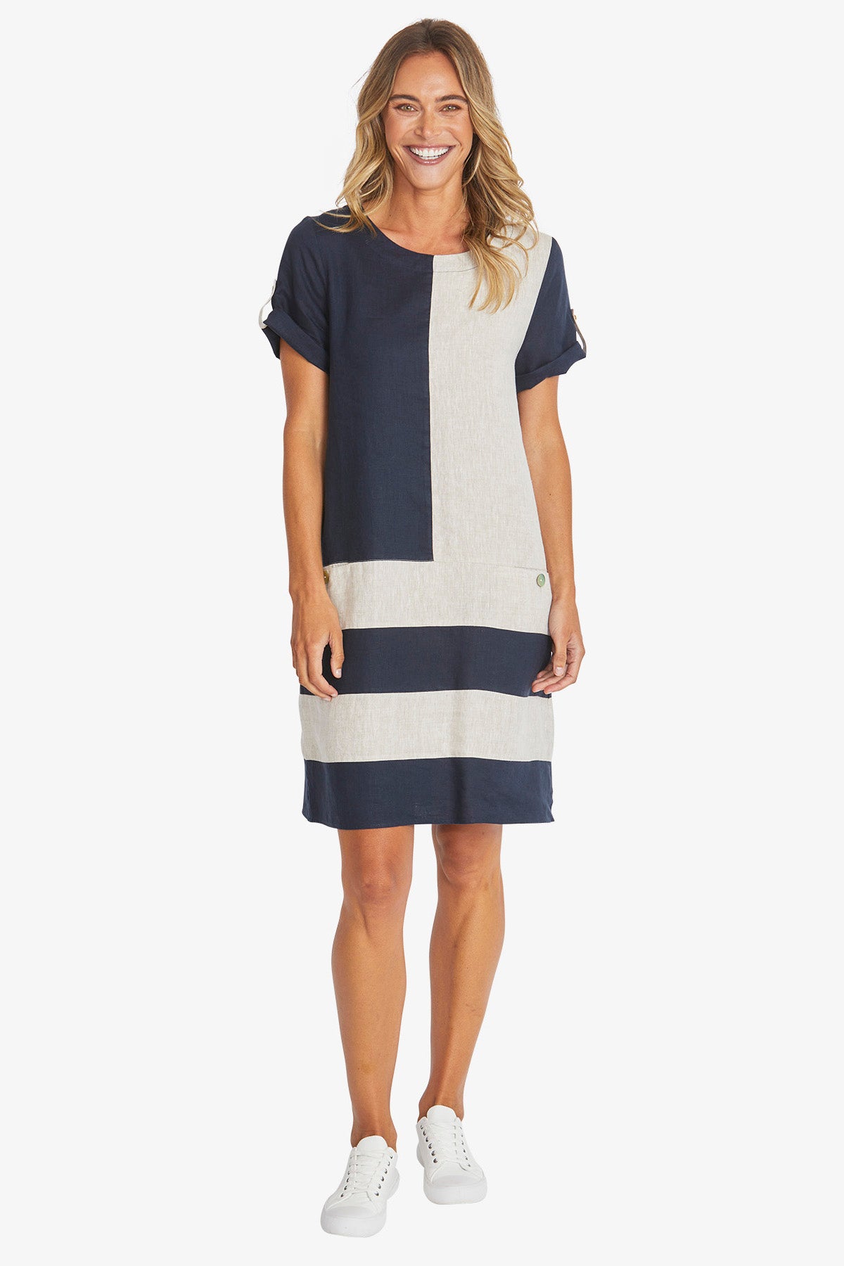 Womens Colour Block Linen Dress Navy P595542