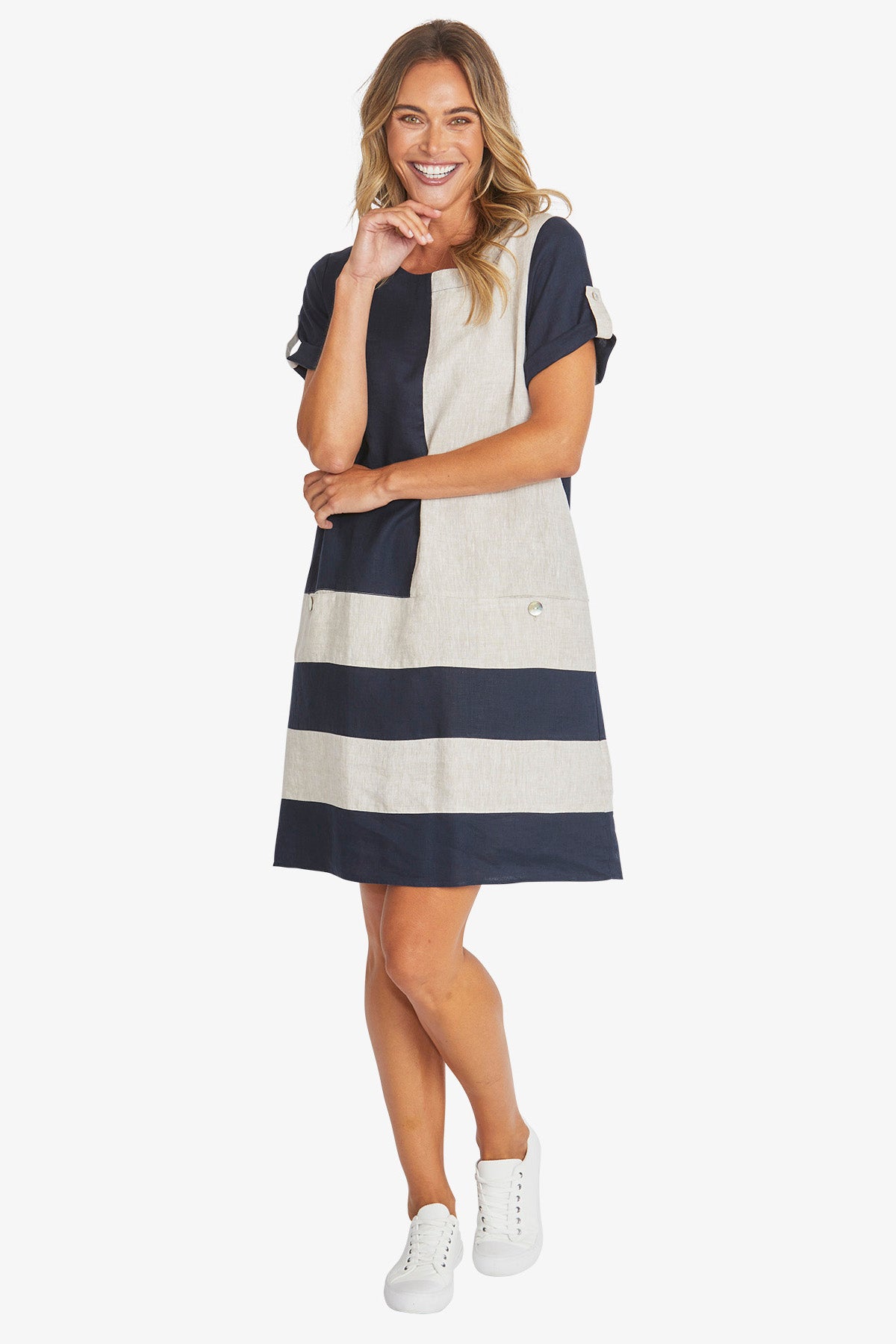 Womens Colour Block Linen Dress Navy P595542