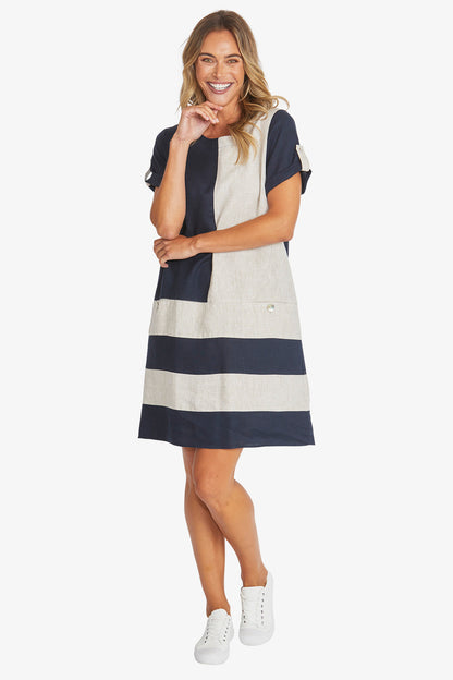 Womens Colour Block Linen Dress Navy P595542