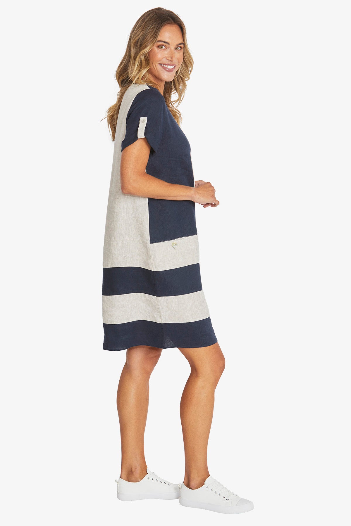 Womens Colour Block Linen Dress Navy P595542