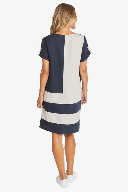 Womens Colour Block Linen Dress Navy P595542