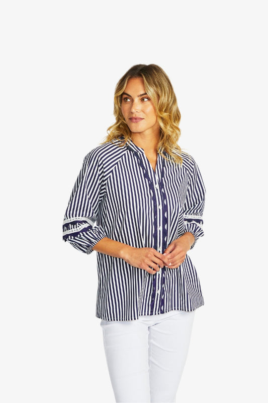 Delia Ric Rac Blouse in White and Navy