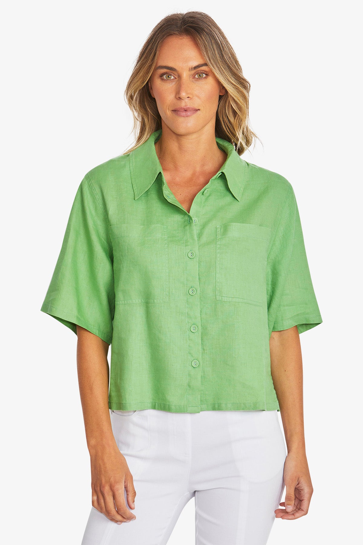 Womens Effie Crop Linen Shirt Green P595353