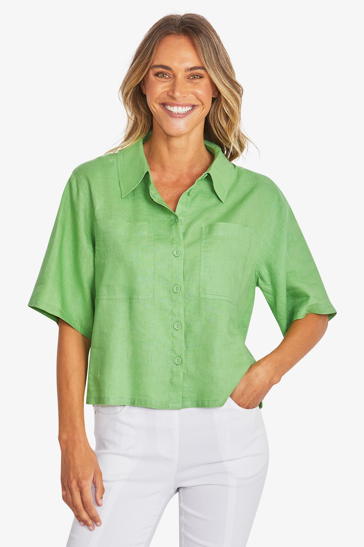 Womens Effie Crop Linen Shirt Green P595353