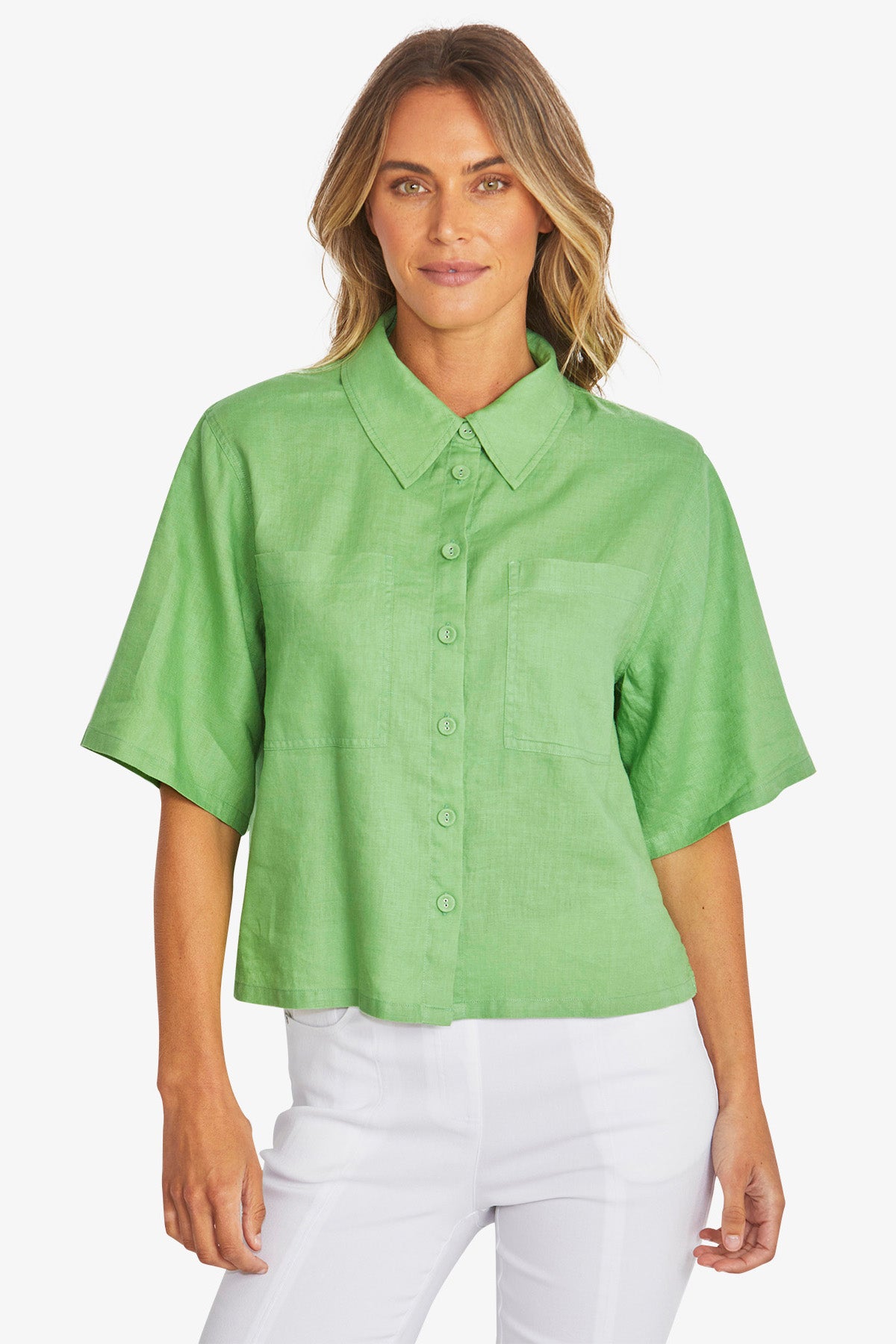 Womens Effie Crop Linen Shirt Green P595353