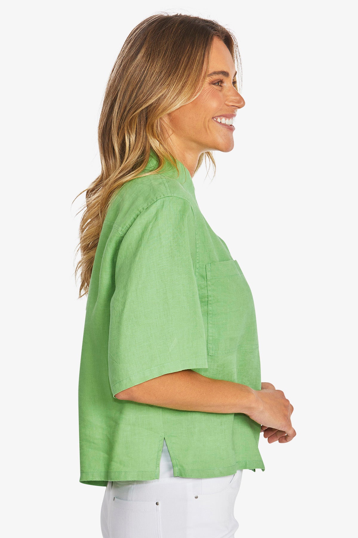 Womens Effie Crop Linen Shirt Green P595353