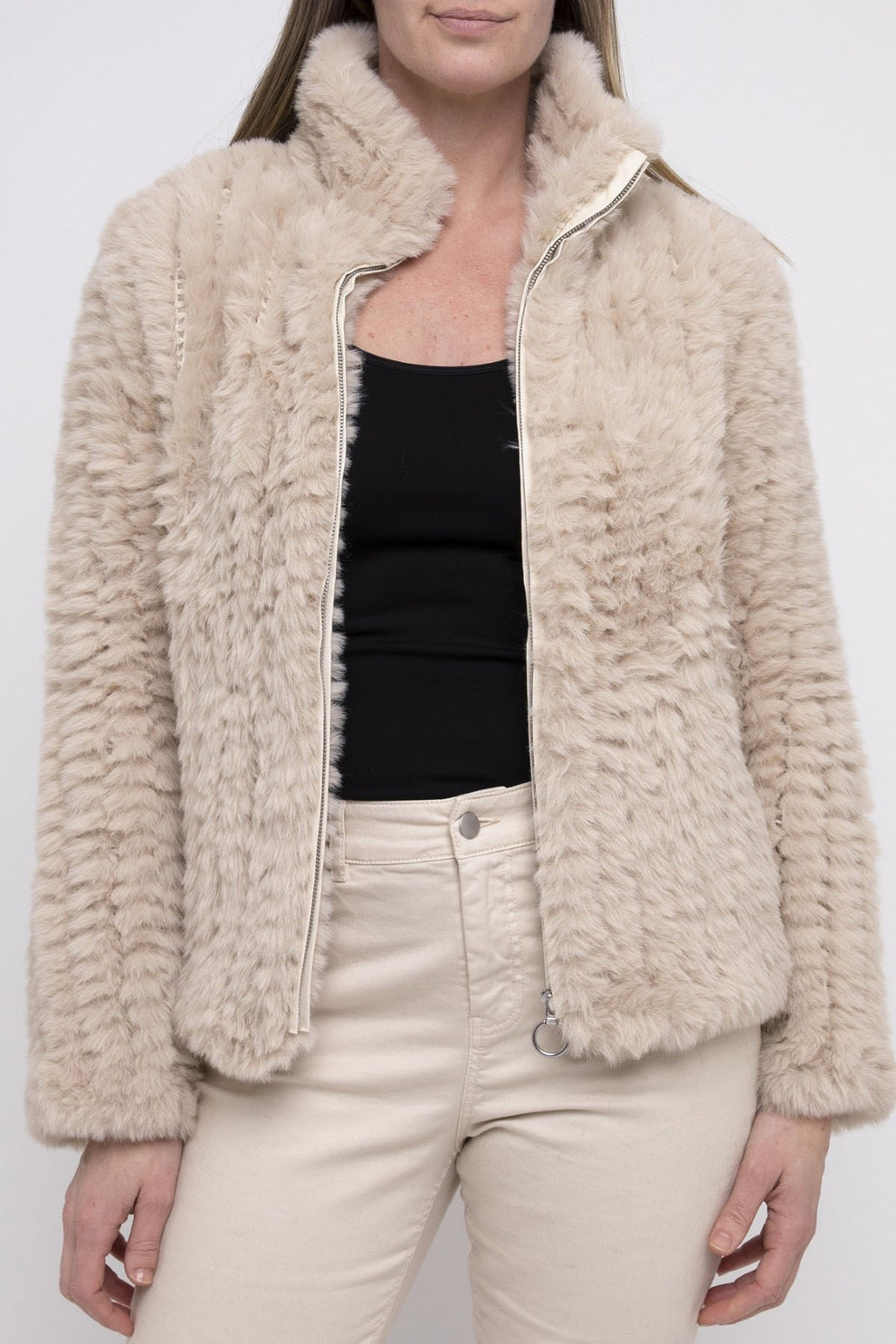 Women's Faux Fur Zip Jacket in Beige