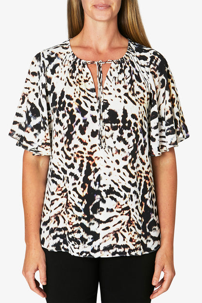 Flutter Sleeve Top Urban Ikat Print