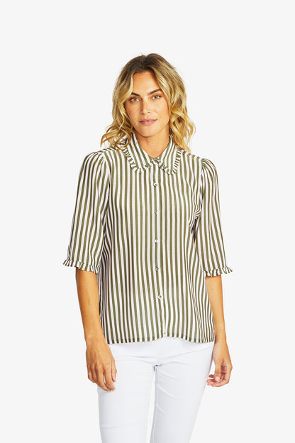 Women's Frill Stripe Shirt in Fairyfloss and Khaki Green | Rita