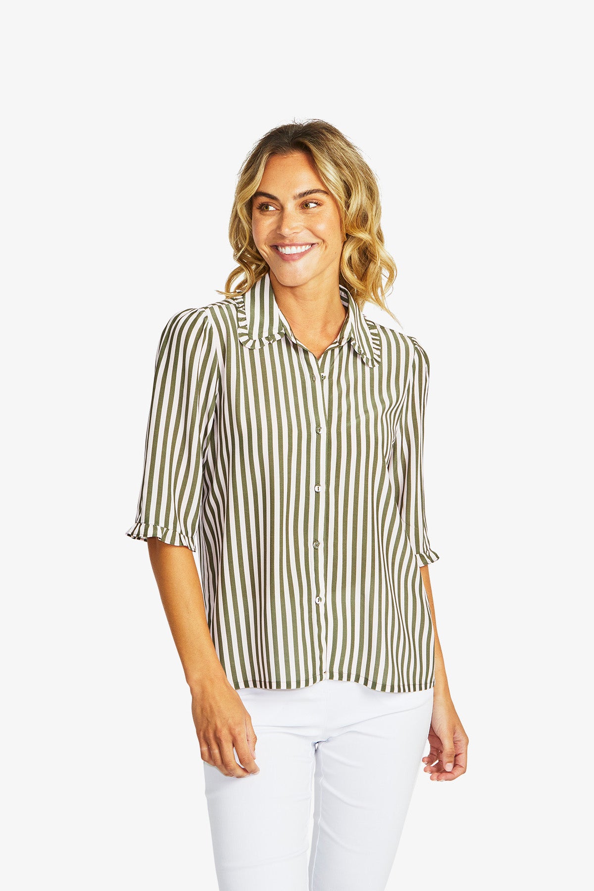 Women's Frill Stripe Shirt in Fairyfloss and Khaki Green | Rita