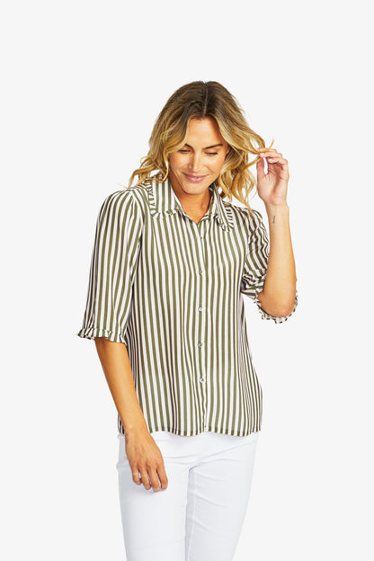 Women's Frill Stripe Shirt in Fairyfloss and Khaki Green | Rita