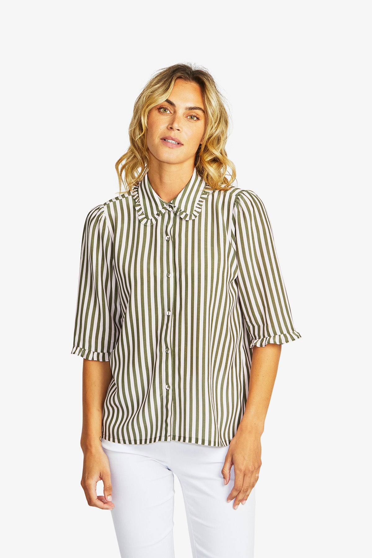 Women's Frill Stripe Shirt in Fairyfloss and Khaki Green | Rita