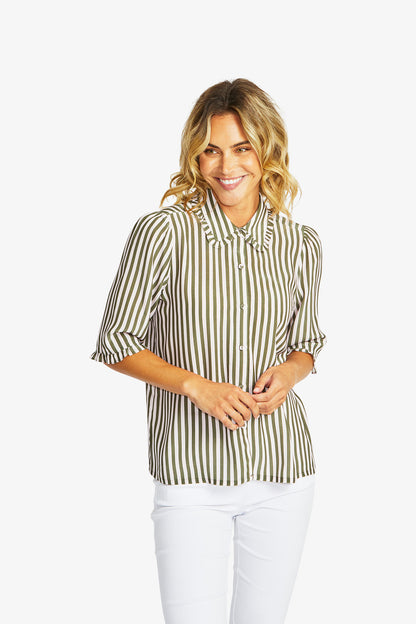 Women's Frill Stripe Shirt in Fairyfloss and Khaki Green | Rita