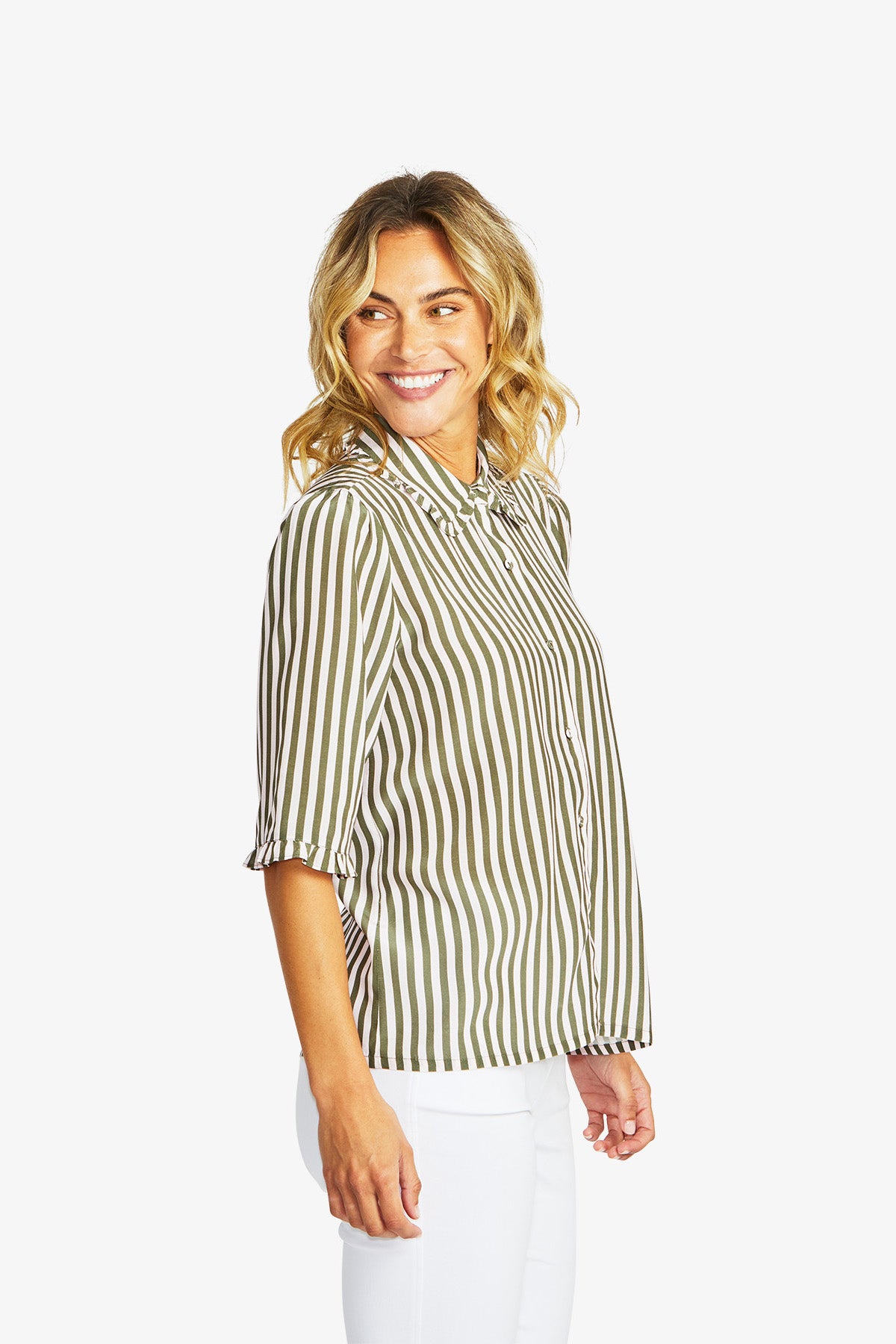 Women's Frill Stripe Shirt in Fairyfloss and Khaki Green | Rita