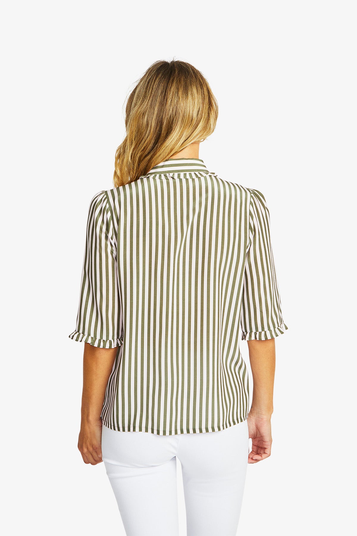 Women's Frill Stripe Shirt in Fairyfloss and Khaki Green | Rita