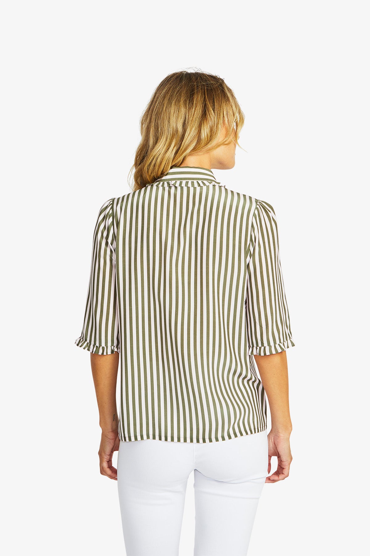 Women's Frill Stripe Shirt in Fairyfloss and Khaki Green | Rita