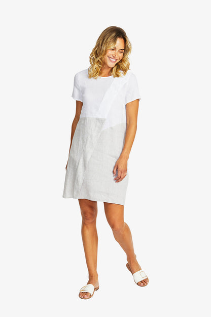 Hazel Linen Spliced Dress in White/ Flax