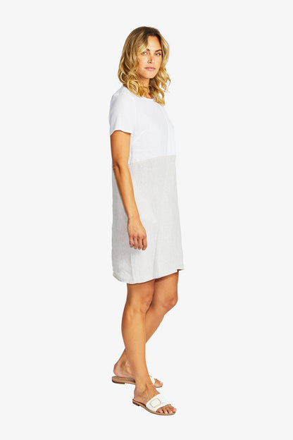 Hazel Linen Spliced Dress in White/ Flax