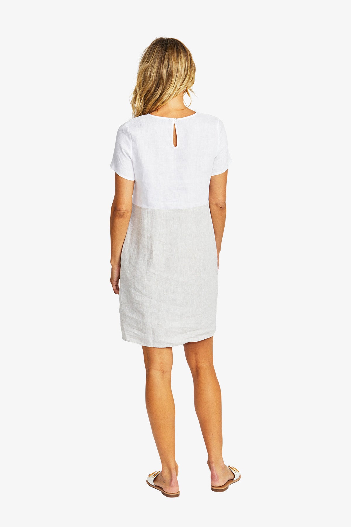 Hazel Linen Spliced Dress in White/ Flax
