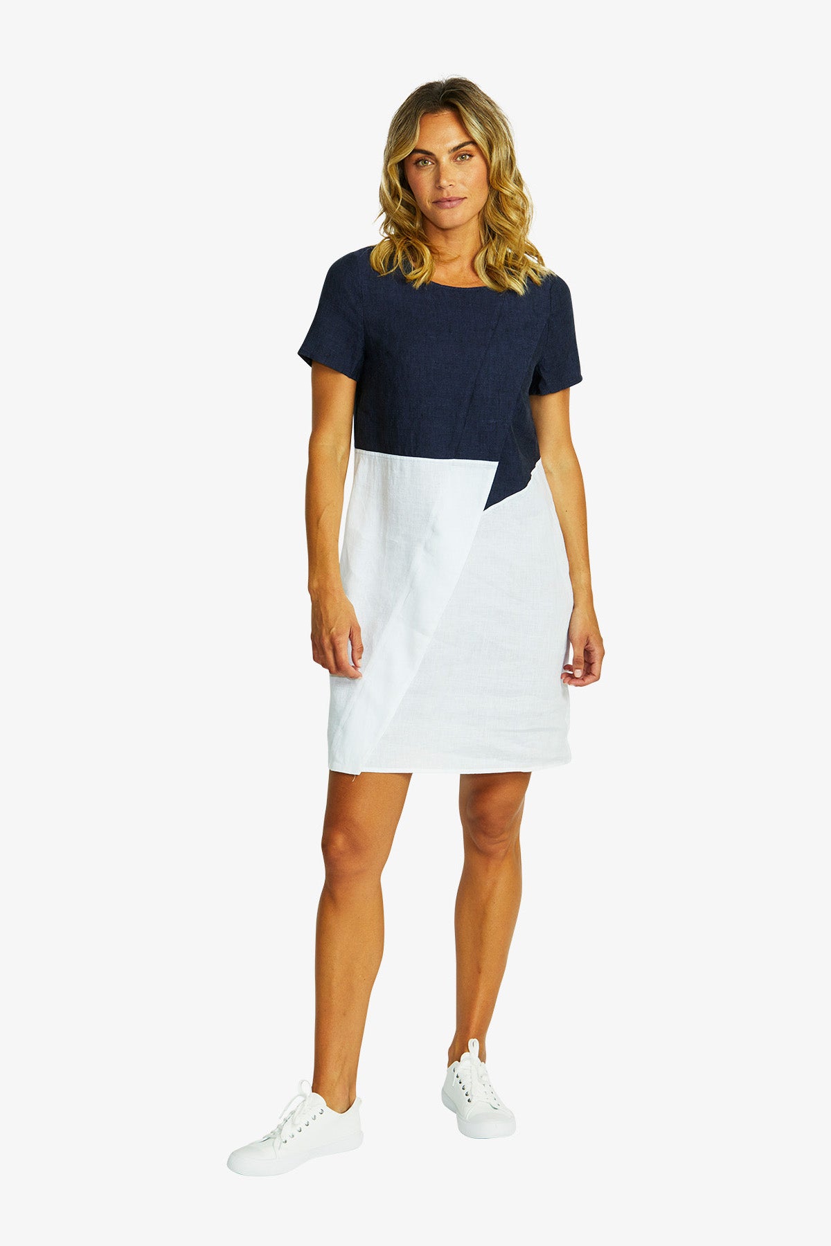 Hazel Linen Spliced Dress in Navy/White