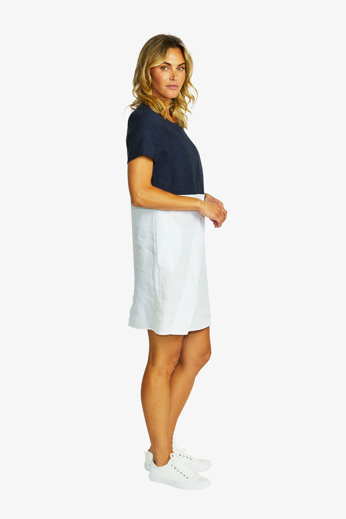 Hazel Linen Spliced Dress in Navy/White