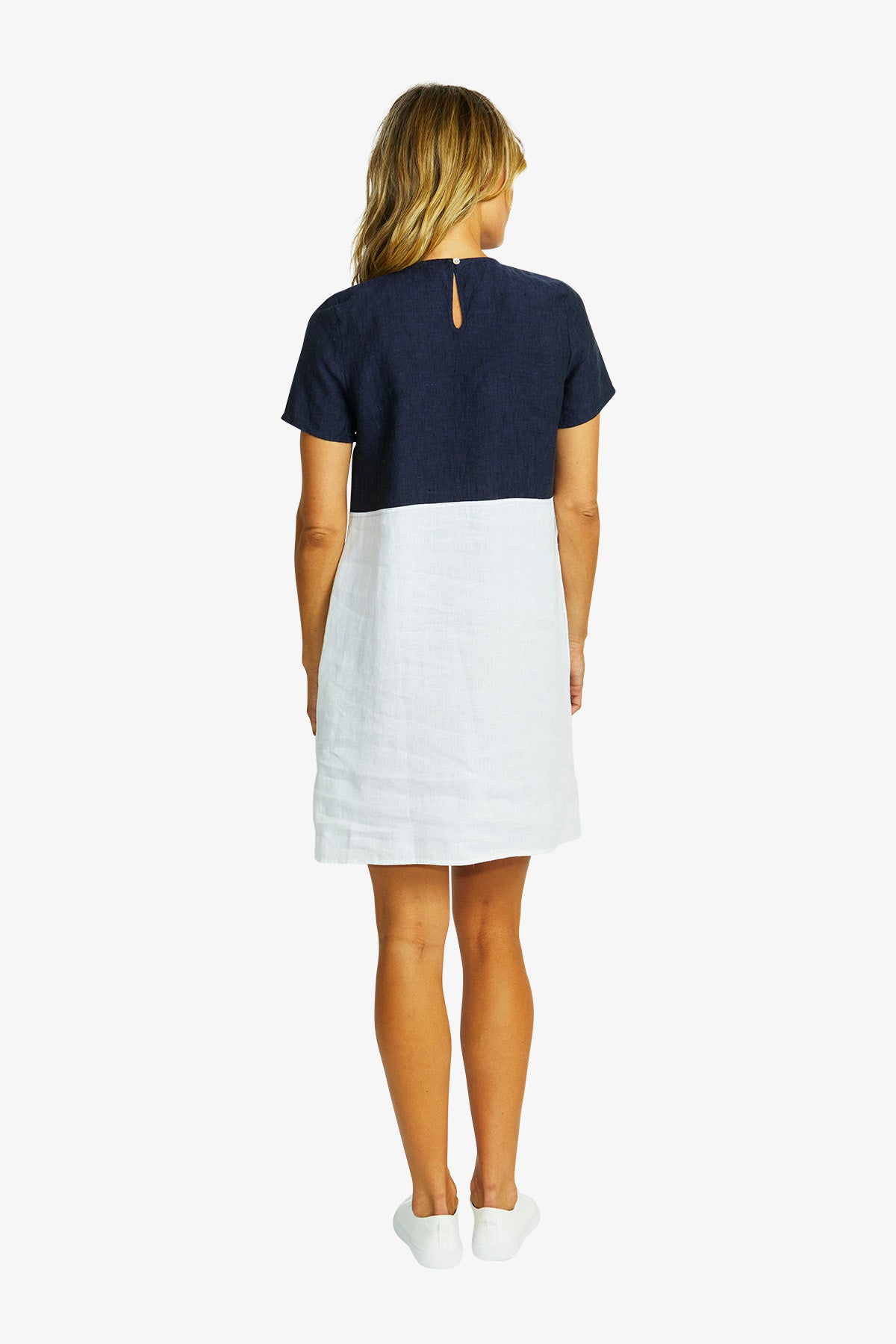 Hazel Linen Spliced Dress in Navy/White