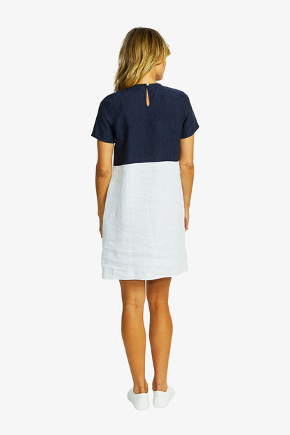 Hazel Linen Spliced Dress in Navy/White