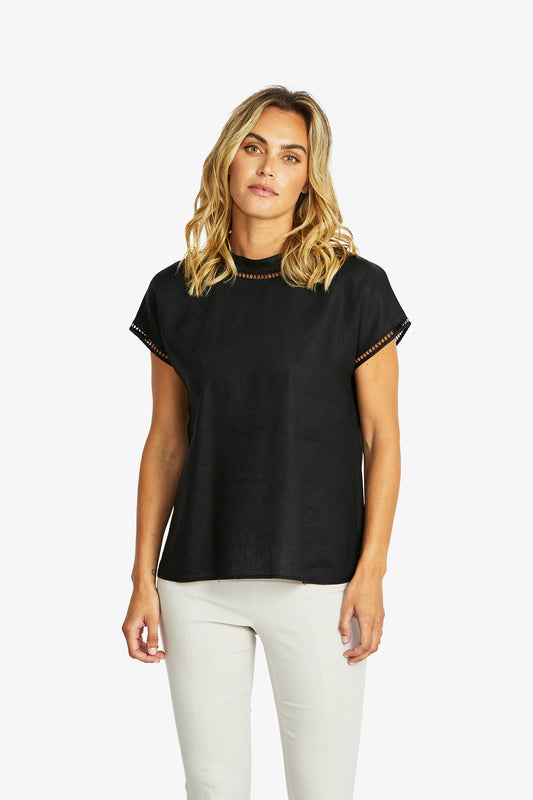 Jade Linen Trim Top in Black