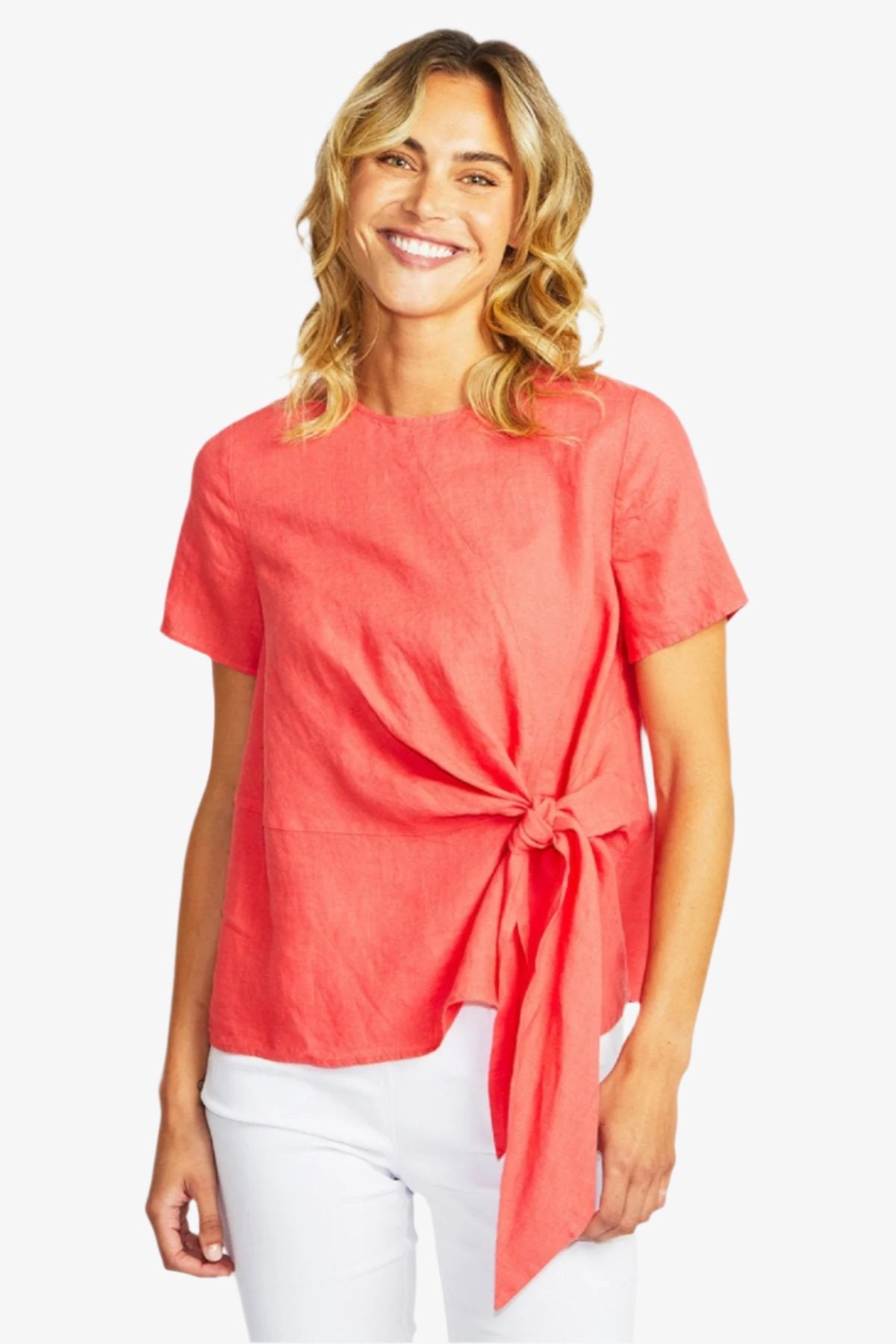 Jasmine Linen Knot Top in Coral