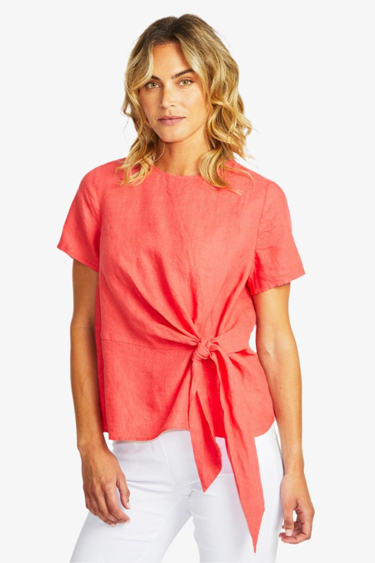 Jasmine Linen Knot Top in Coral