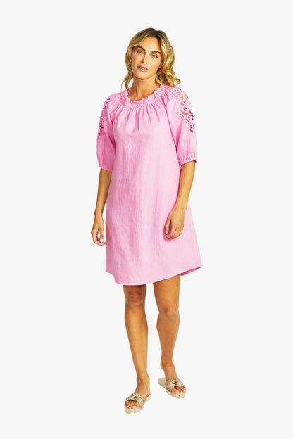 Jojo Linen Lace Trim Dress in Bubblegum